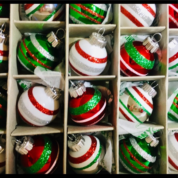 20 Radko Mini Glass Christmas Ball Ornaments Red Green White Glitter Stripes